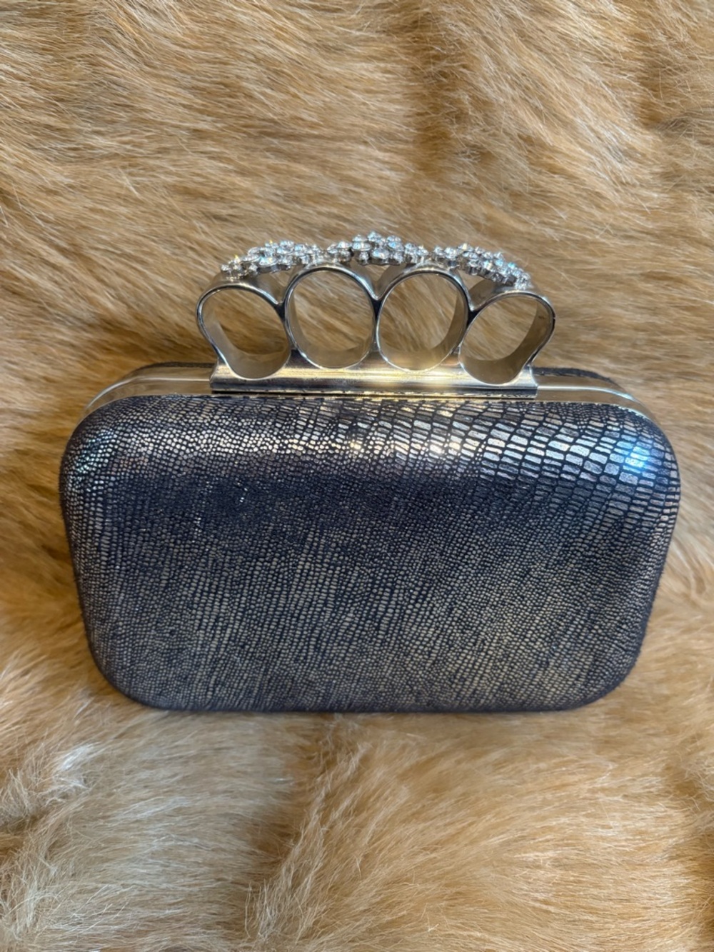 Rhinestone Knuckle-Handle Black Evening Clutch
